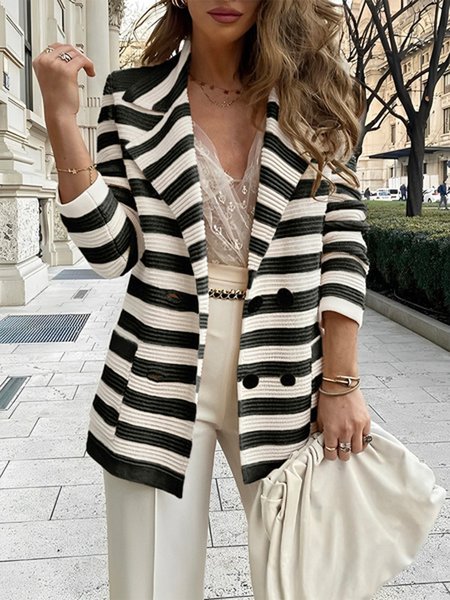 Striped Regular Fit Lapel Collar Urban Blazer, Black-white, Blazers