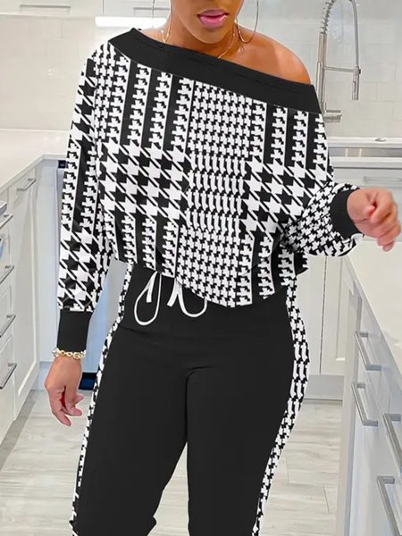 Long Sleeve Casual Houndstooth Boat Neck Shirt, Black, Blouses and Shirts