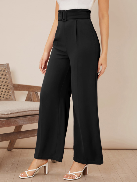 

Buttoned Loose Plain Casual Solid High Waist Belted Wide Leg Pants, Black, Pants