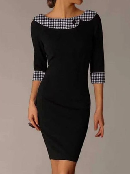 Plaid Shawl Collar Elegant Regular Fit Dress, Black, Party Dresses