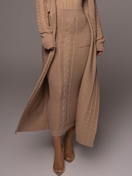 Plain High Waist Plain Sweater Skirt, Khaki, Skirts