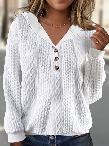 Casual Buckle Cotton-Blend Plain Hoodie, White, Hoodies & Sweatshirts