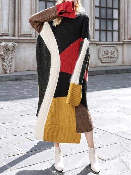 Long Sleeve Urban Color Block Regular Fit Dress, Yellow, Maxi Dresses
