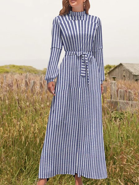 Women Striped Stand Collar Long Sleeve Comfy Casual Maxi Dress, Blue, Dresses
