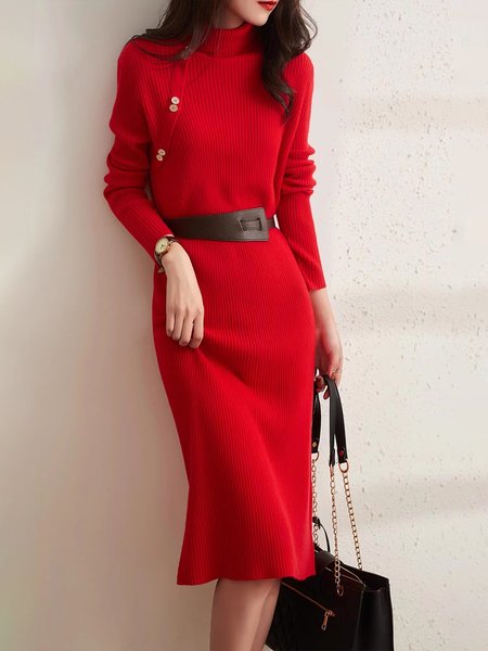Urban Regular Fit Turtleneck Sweater Dress, Red, Midi Dresses