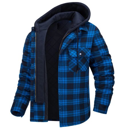 Classic Retro Plaid Hooded Removable Loose Jacket, Royal blue, Hoodies&Sweatshirts