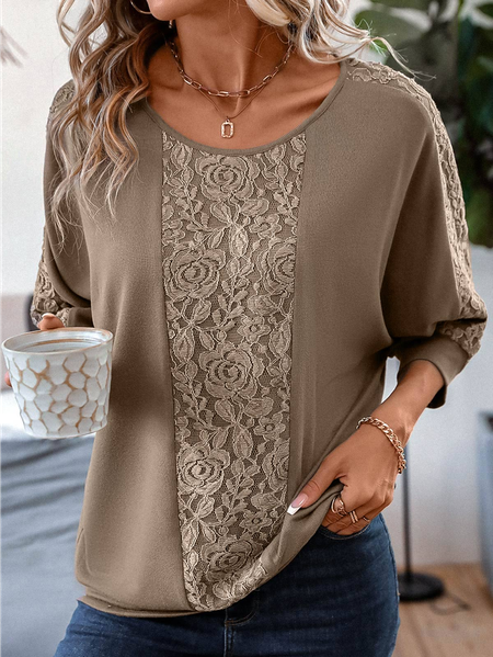 Crew Neck Plain Casual Lace Sweatshirt, Brown, Long Sleeves