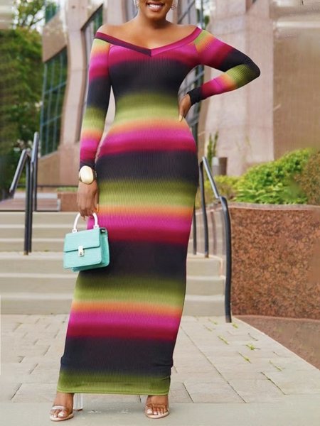 Long Sleeve Urban V Neck Regular Fit Dress, Rose red, Maxi Dresses