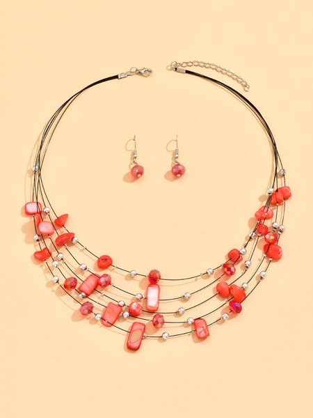 

Boho Multicolor Beads Layered Necklace Earrings Set, Red, Necklaces