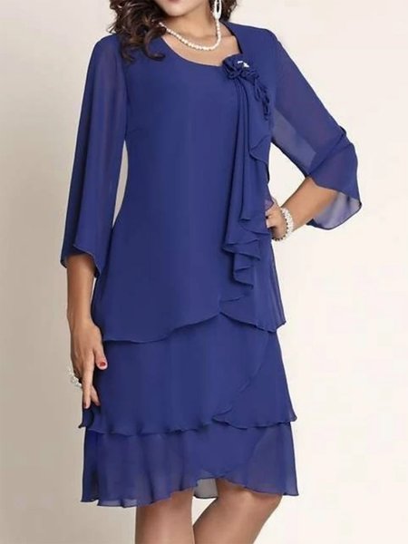 Chiffon Crew Neck Elegant Plain Dress, Blue, Party Dresses