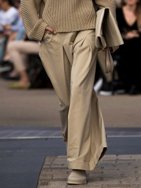 Pocket Stitching Urban Plain Fashion Wide leg Pants, Khaki, Pants
