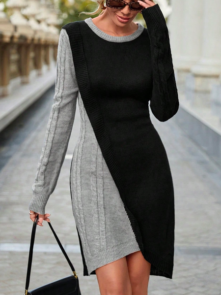 

Color Block Loose Casual Two Tone Asymmetrical Hem Sweater Dress With No Belt, Gray, Dresses