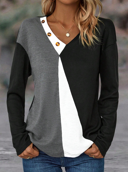 

Buttoned Knitted Casual Color Block Button Detail Drop Shoulder T-Shirt, Black, T-Shirts