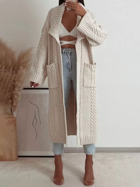 Long Sleeve Shawl Collar Plain Urban Cardigan, Cream, Cardigans