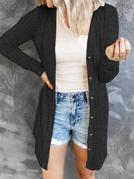 Plain Buttoned Casual Kimono, Black, Cardigans
