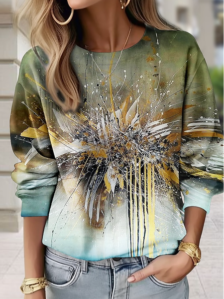 Loose Casual Abstract Sweatshirt, Green, Sweatshirts & Hoodies
