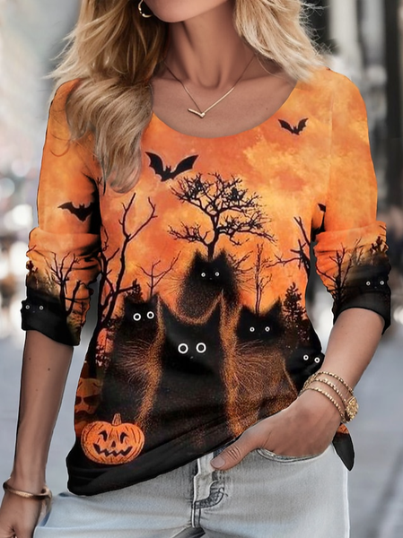 Casual Cat Crew Neck Regular Fit T-Shirt, Orange, Long sleeves