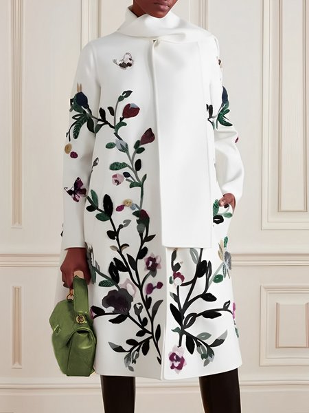 Elegant Floral Stand Collar Loose Long Sleeve Coat, White, Coats