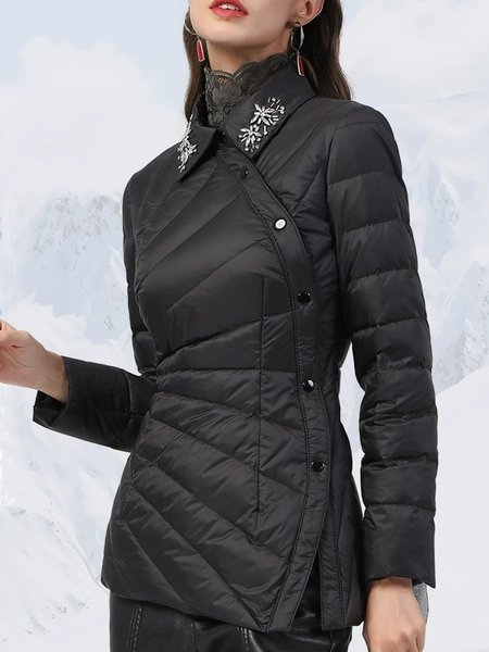 Plain Shirt Collar Regular Fit Urban Padded Jacket, Black, Padded Jackets