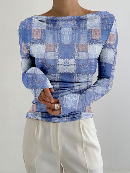 High Elasticity Boat Neck Long Sleeve Urban Geometric Tight T-Shirt, Blue, Tees