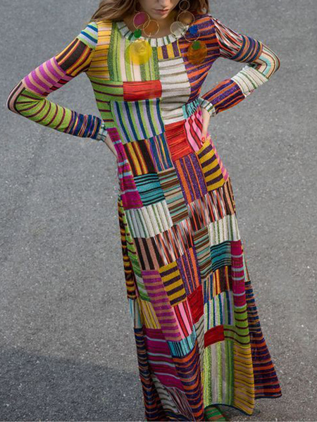 Abstract Graphic Crew Neck Urban Maix Dress With No Belt, As picture, Maxi Dresses