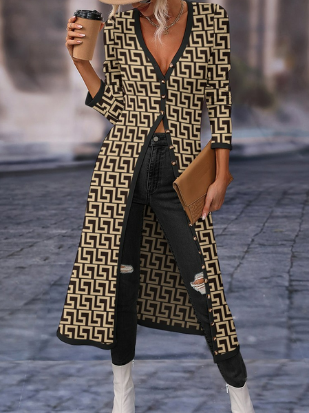 Geometric Casual Dress With No Belt, Brown, Dresses