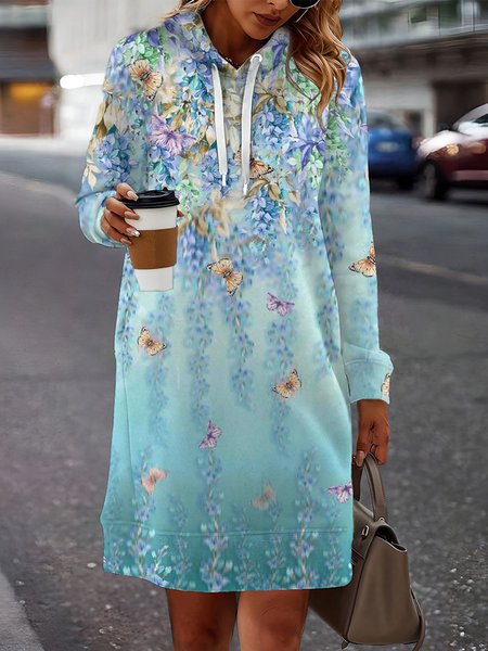 Floral Casual Hoodie Cotton-Blend Dress, Blue, Dresses