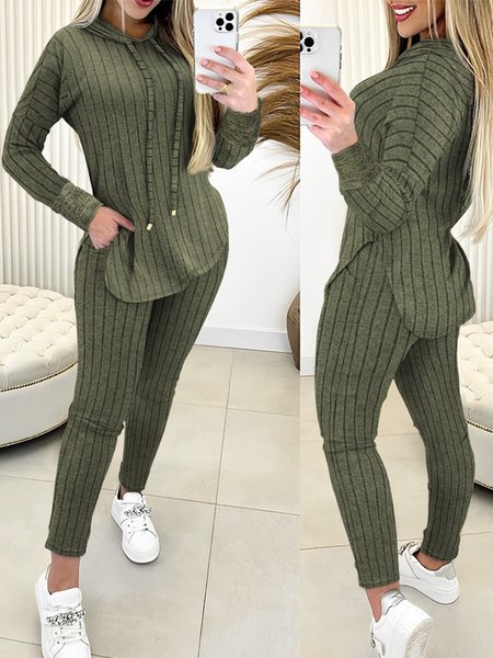 Casual Pocket Stitching Plain Two-Piece Set, Green, Suit Set