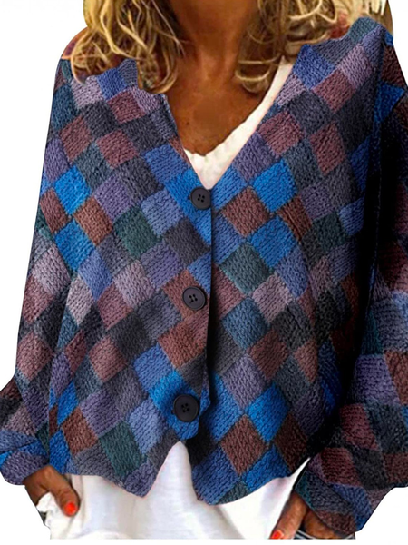 Color Block V Neck Buttoned Casual Cardigan, Royal blue, Sweaters