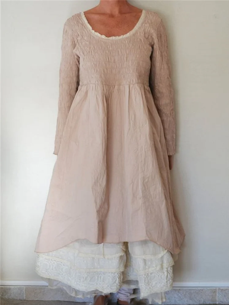 Crew Neck Casual Regular Fit Plain Dress, Khaki, Dresses