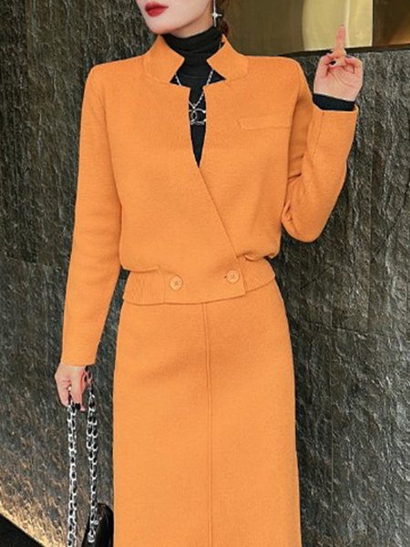 Plain Notched Long Sleeve Elegant Cardigan, Orange, Cardigans