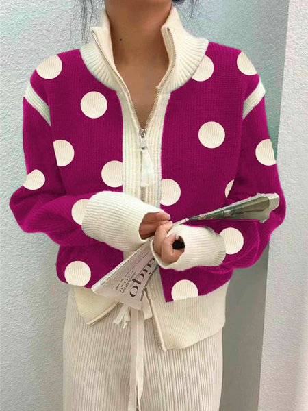 

Polka Dots Urban Stand Collar Long Sleeve Cardigan, Deep pink, Cardigans