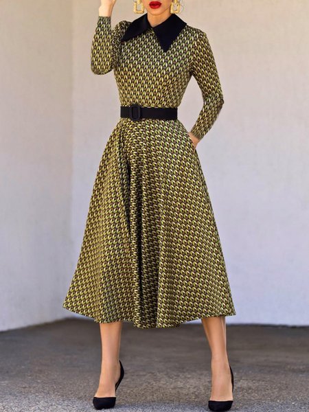 Shirt Collar Elegant Regular Fit Geometric Dress With Belt, As picture, Midi Dresses