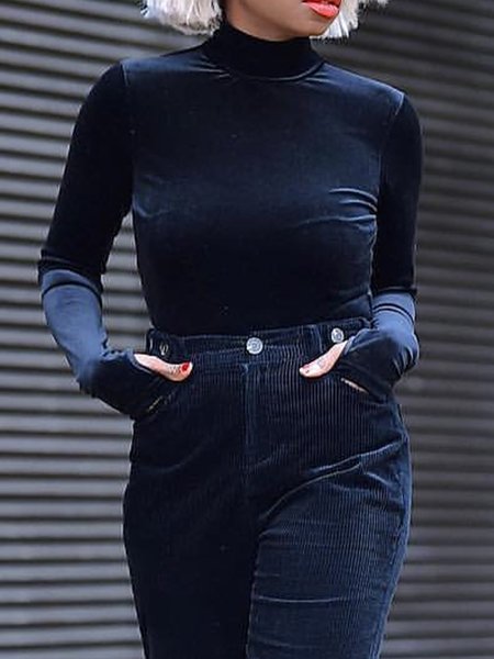 Urban Stand Collar Plain Long Sleeve T-Shirt, Deep blue, Tees