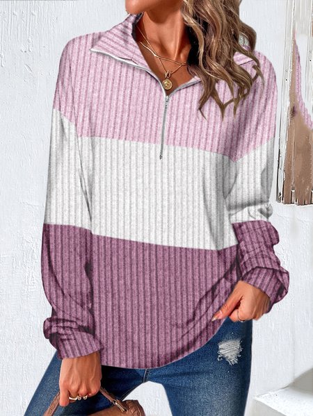 Contrast Stitching Knitted Casual Sweatshirt, Purple, Sweatshirts & Hoodies