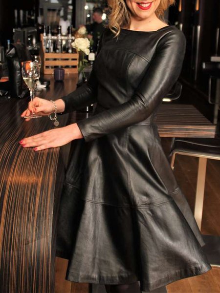 Long Sleeve Regular Fit Elegant Pu Leather Dress, Black, Mini Dresses