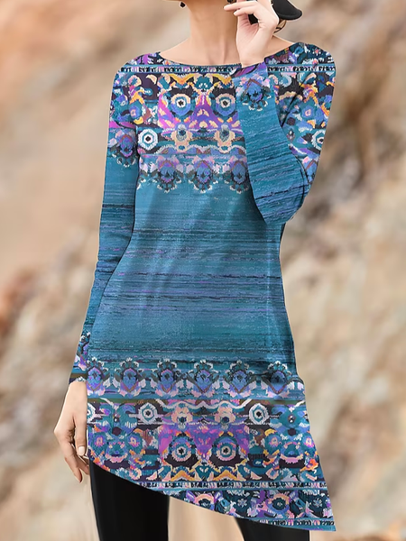 Loose Crew Neck Ethnic Casual T-Shirt, Blue, T-Shirts
Loose Crew Neck Ethnic Casual T-Shirt, Blue, T-Shirts