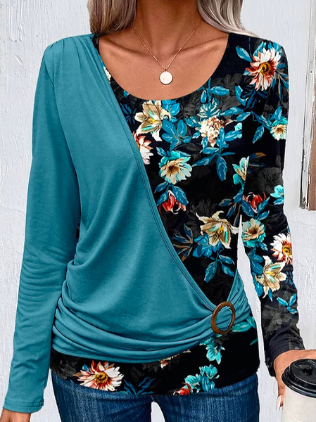 Casual Crew Neck Loose Floral T-Shirt, Blue, T-Shirts