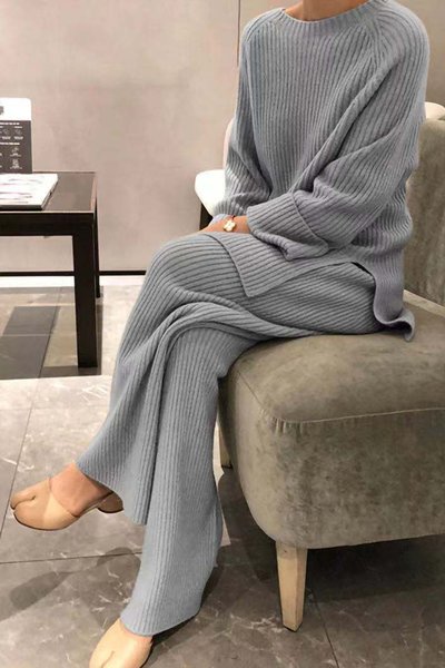 Regular Fit Plain Urban Crew Neck Two-Piece Set, Gray, Two-piece Set