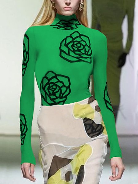 Floral Elegant TIght Long Sleeve T-Shirt, Green, Tees
