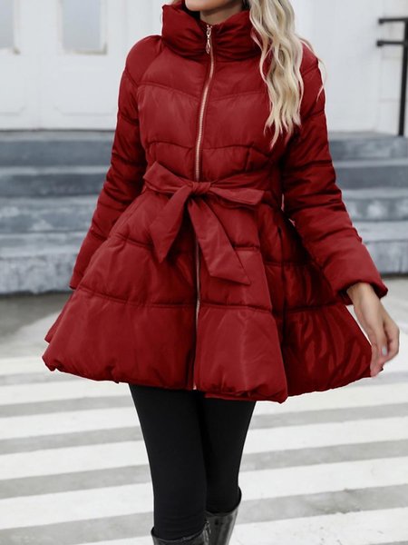 Regular Fit Elegant Plain Padded Jacket With Belt, Red, Padded Jackets