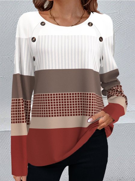 Women Color Block Crew Neck Casual Long Sleeve T-shirt, Brown, Long Sleeves