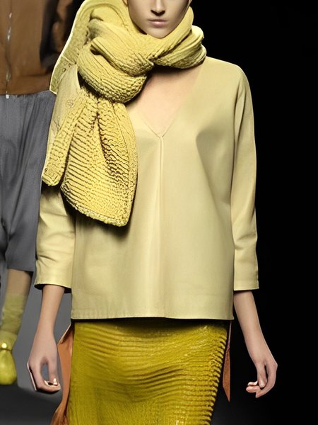 Plain V Neck Urban Loosen Leather Top, Yellow, Tops