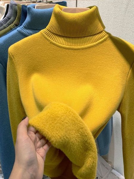 

Plain Casual Turtleneck Warm Plush Sweater, Yellow, Sweaters & Cardigans