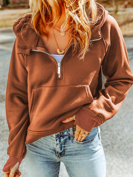 Women's Cotton-Blend Plain Casual Hoodie, Brown, Hoodies & Sweatshirts
