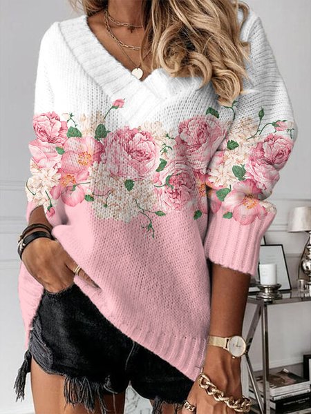 Floral Casual Sweater, Pink, Sweaters