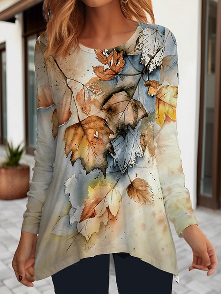 Loose Casual Maple Leaf T-Shirt, Khaki, T-Shirts