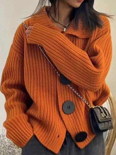 Plain Casual Buttoned Cardigan, Orange, Sweaters