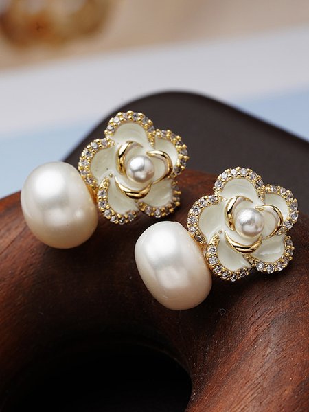 Elegant Camellia Natural Pearl Rhinestone Stud Earrings, White, Earrings
