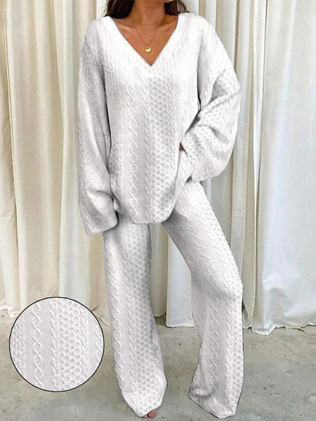 Casual V Neck Two-Piece Set, White, Suit Set